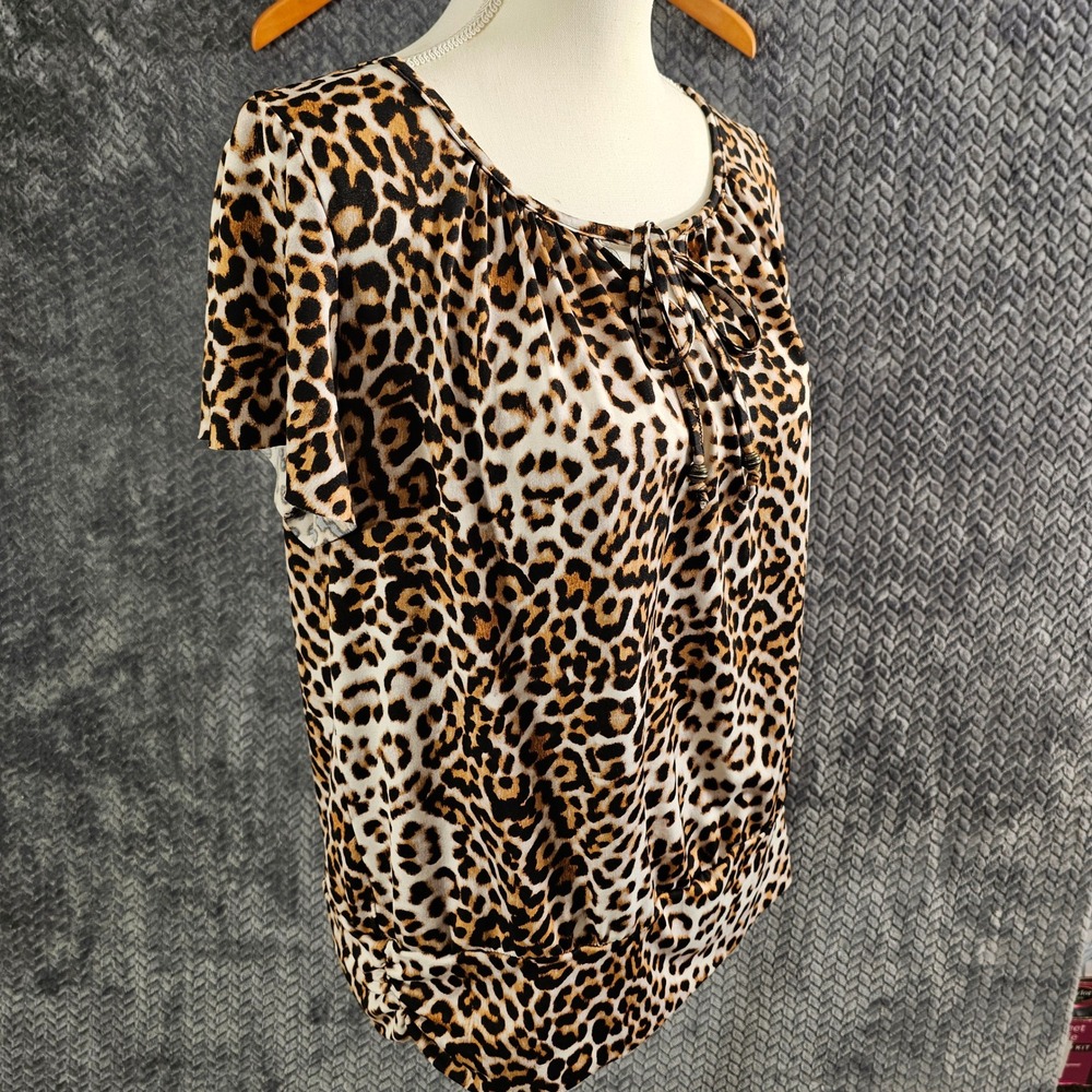 Womens‎ Leopard Print Short Sleeve Blouse Keyhole Tie Banded Hem Large Mob Wife